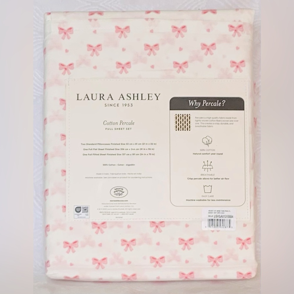 Laura Ashley Heart of Mine Pink Bow Hearts Valentine Sheet Set - Full - Picture 2 of 5